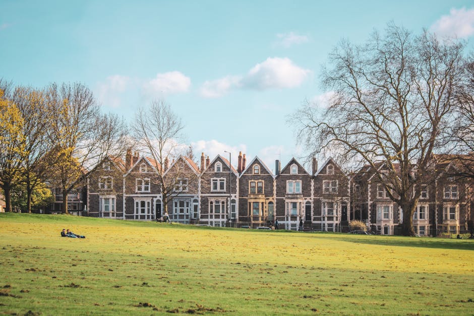 A row of historic terraced houses with brick facades and gabled roofs line the background of a spacious green park with well-maintained grass and several large, leafless trees. In the foreground, a person is lying on the grass with a rolled-up blanket or clothing nearby, while another individual is walking in the distance. The scene is illuminated by natural daylight, with a bright blue sky overhead dotted with a few fluffy white clouds. This setting highlights the peaceful environment typical of residential areas in Clapham, suitable for home relocation or furniture transport activities, often supported by companies like Clapham Man and Van during packing and loading processes for house removals.
